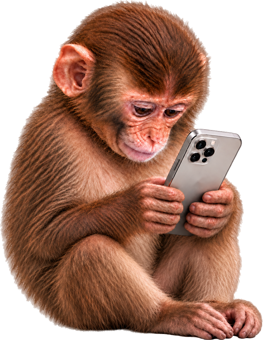 A young ape hunched over a phone, fully absorbed