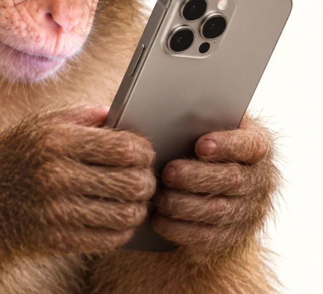 The ape's hands wrapped around the phone